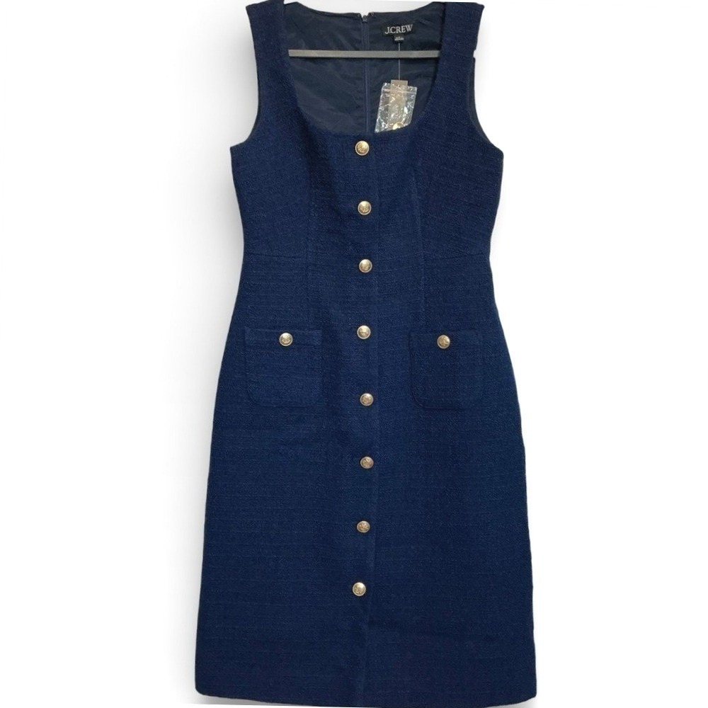 J.Crew Sophia Sleeveless Tweed Wool Blend Navy Blue Midi Dress Size 8 - Picture 4 of 7